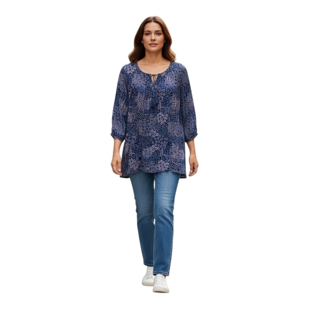 SONOMA Women's Large Navy Floral Tasseled Babydoll Prairie Boho Loose Fit Tunic